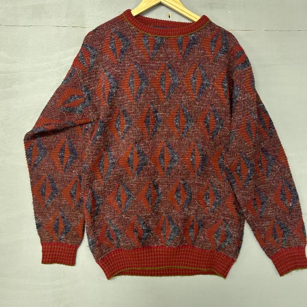 Vintage Puritan Mens Sweater Large Red Blue Geometric Diamond Knit‎ Made in USA